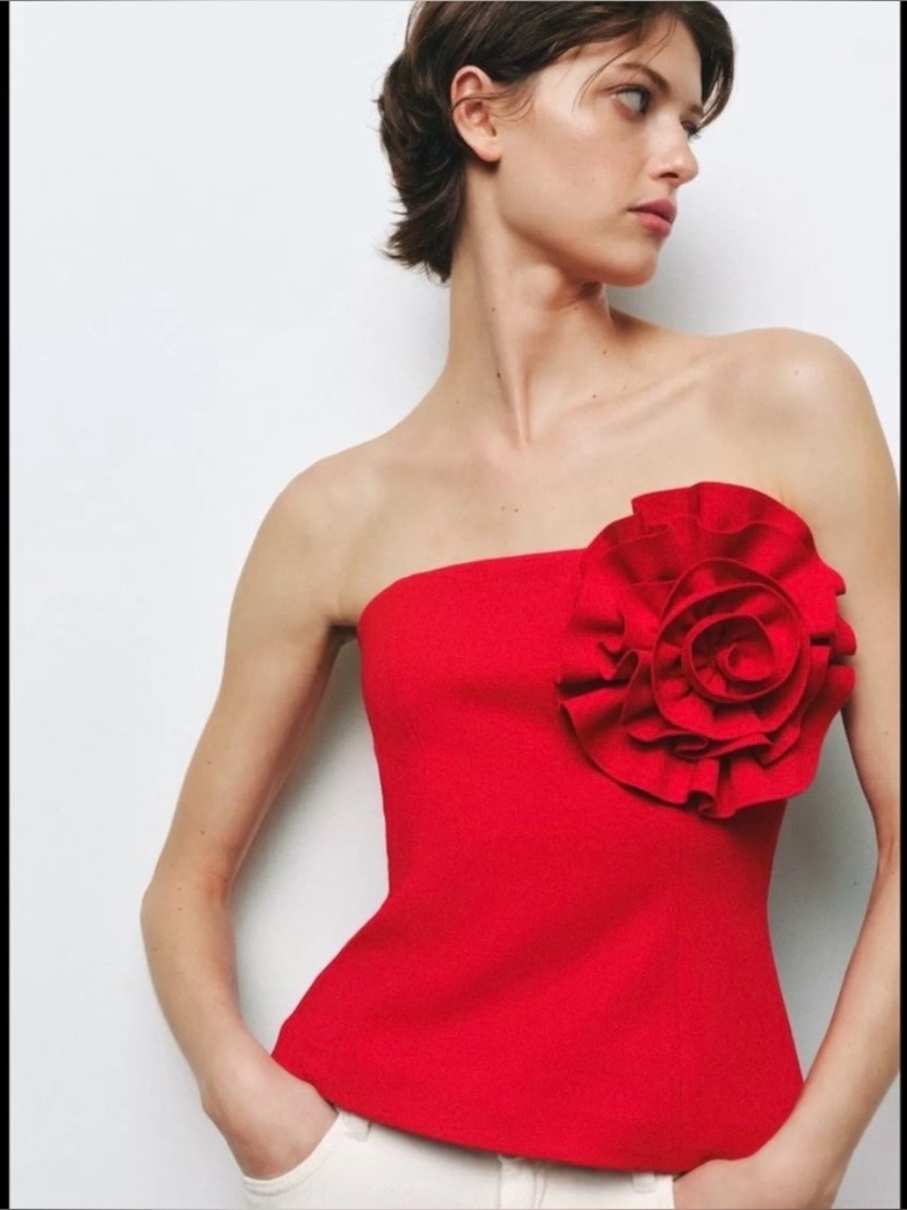 Zara Red Strapless Top with Rose Applique